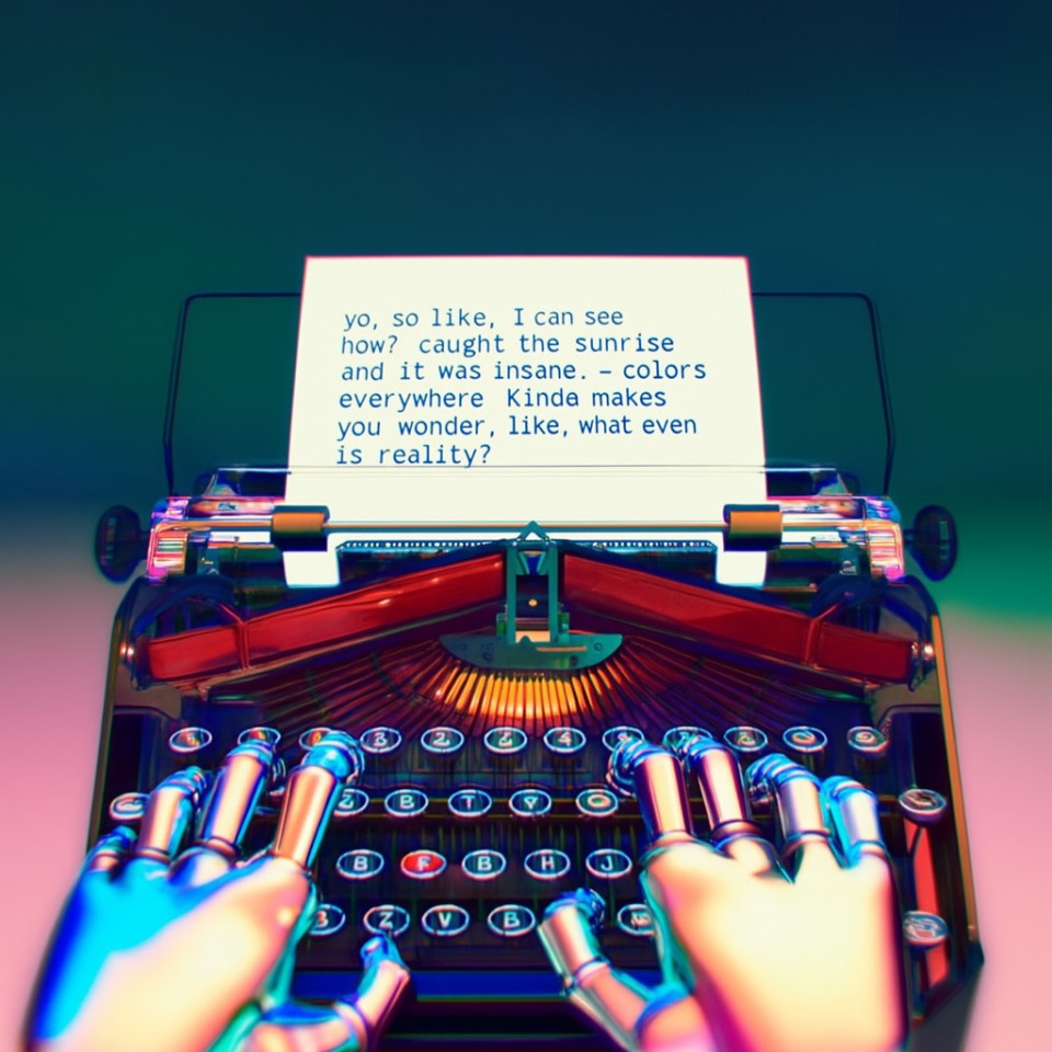 GPT-4o generated image showing a robot typing at a typewriter from a first-person viewpoint.