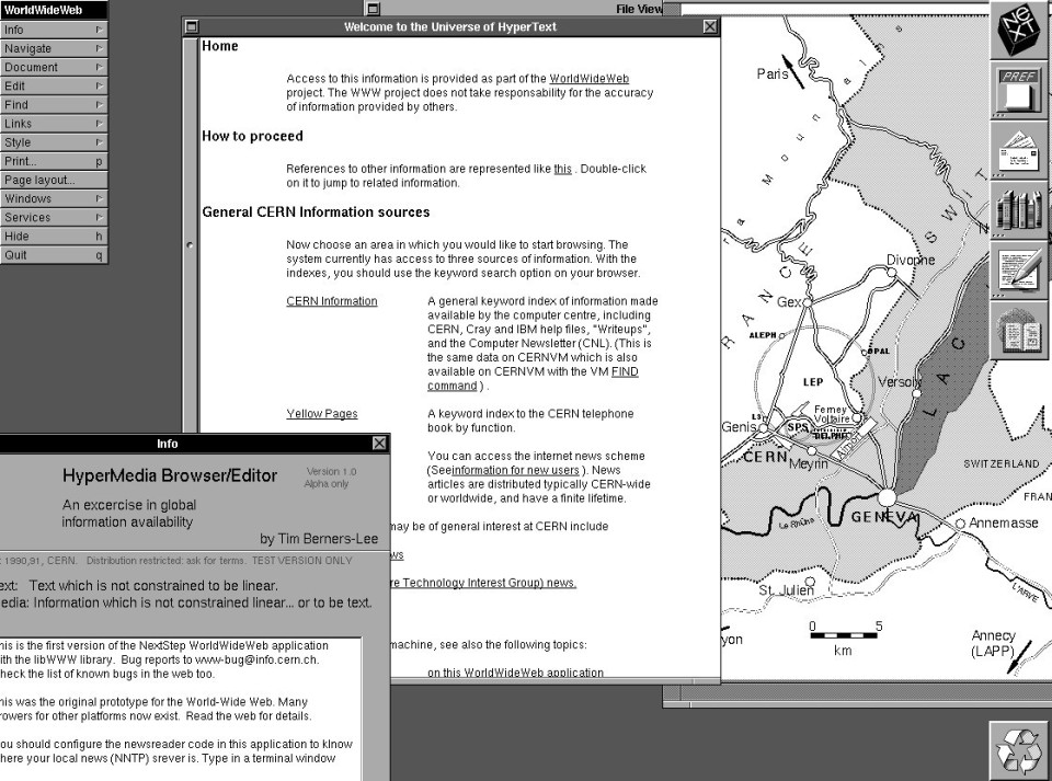 The original WorldWideWeb browser displayed on a NeXT computer screen.