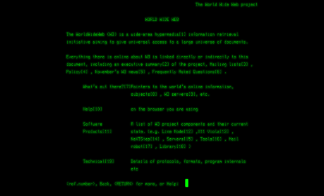 Recreated view of the world's first website, originally hosted at CERN.