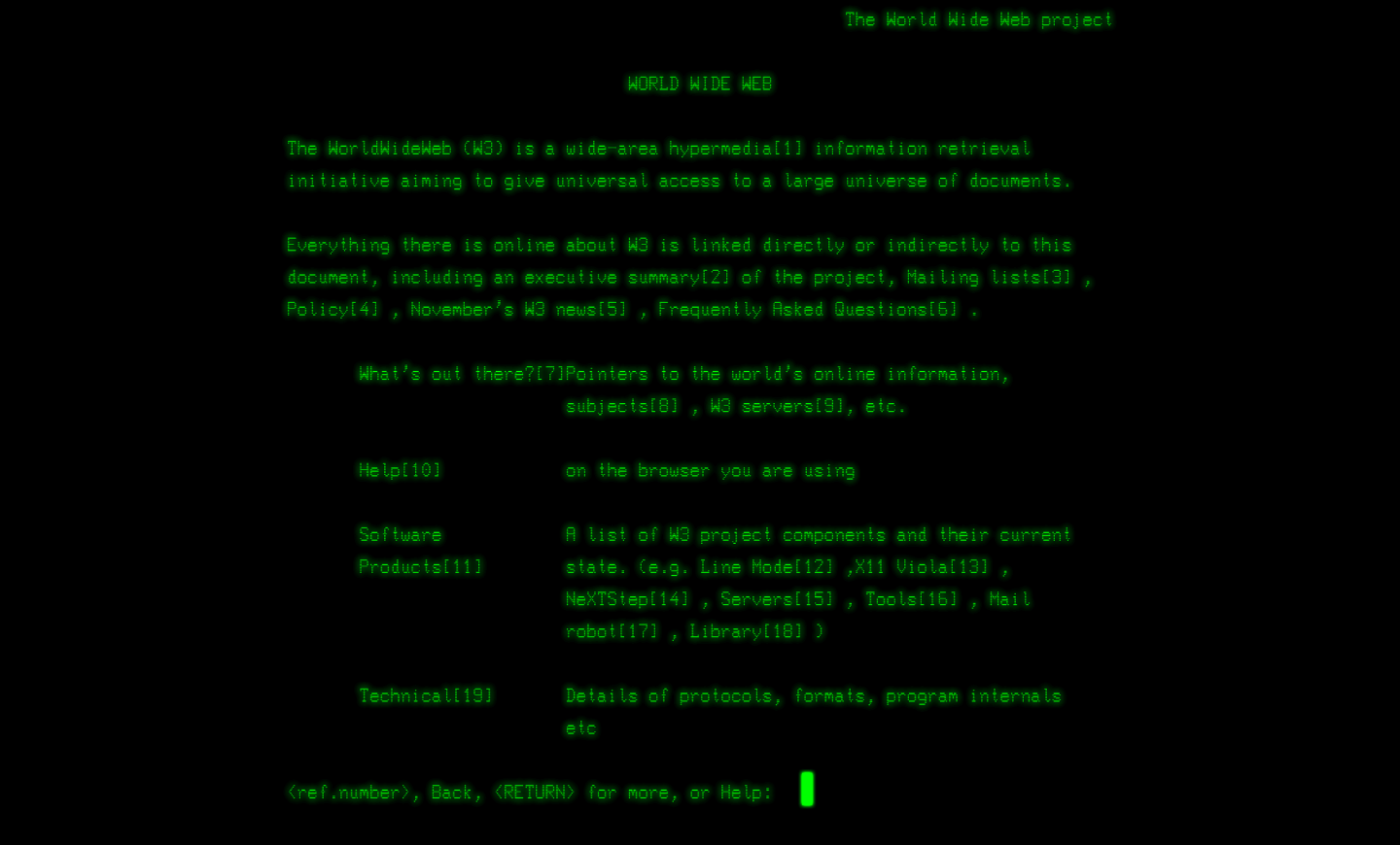Recreated view of the world's first website, originally hosted at CERN.