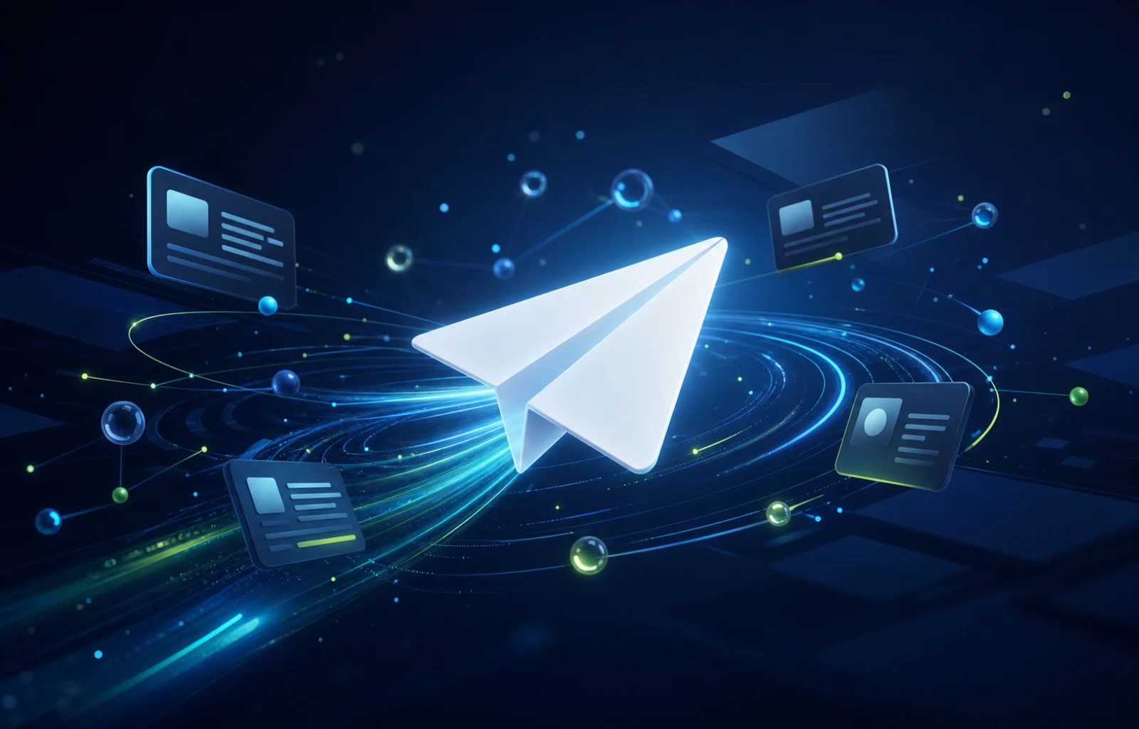 رسم لطائرة ورقية تنقل بطاقات أخبار التقنية عبر شبكة رقمية